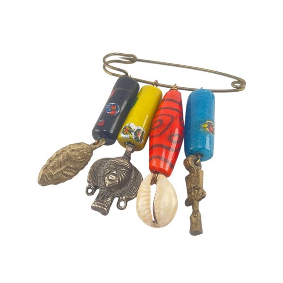 Vintage Boho Tribal Charm Safety Pin Brooch With Beads & Elephant Shell & Leaf C - Picture 5 of 5